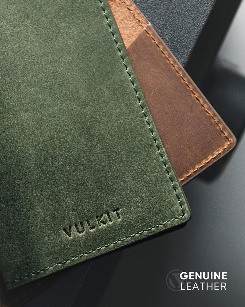 VULKIT حامل بطاقات العمل من الجلد الأصلي مزدوج الجوانب نحيف منظم بطاقات الاسم للرجال أو النساء، يحمل حتى 20 بطاقة (أخضر أصلي) - Image 2